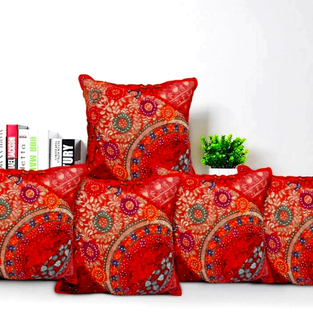 Beautiful authentic Indian set of 5 cushion covers 16x16  patch hand embroidered